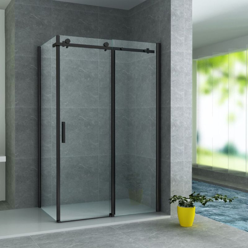 Badovo Axis douchecabine met schuifdeur en zijwand – mat zwart – helder glas