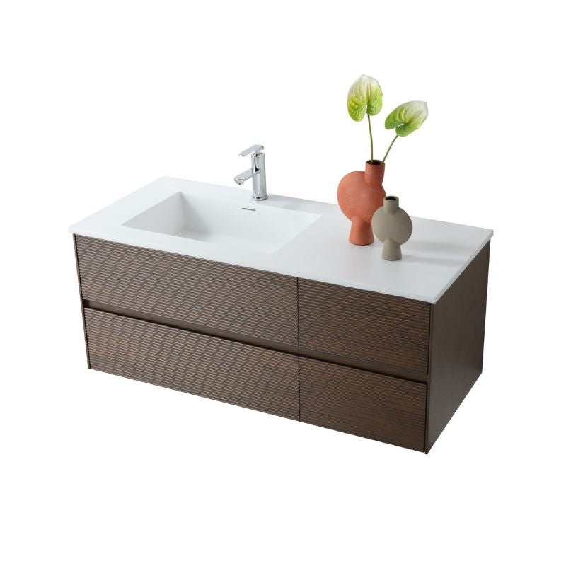 Badovo Ayla badkamermeubel 120 cm – donker walnoot – met mat witte wastafel links