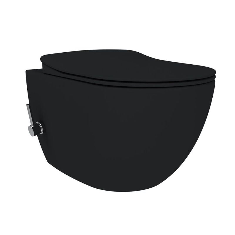 Badovo Carbon Rimless Hangtoilet met Geïntegreerde Warm & Koud Bidetkraan – Randloos Wandcloset Mat Houtskool Zwart – 51 cm