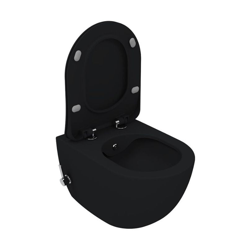 Badovo Carbon Rimless Hangtoilet met Geïntegreerde Warm & Koud Bidetkraan – Randloos Wandcloset Mat Houtskool Zwart – 51 cm