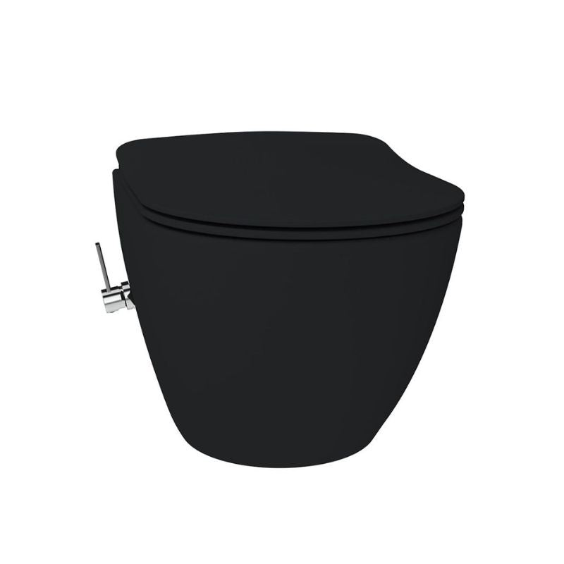 Badovo Carbon Rimless Hangtoilet met Geïntegreerde Warm & Koud Bidetkraan – Randloos Wandcloset Mat Houtskool Zwart – 51 cm