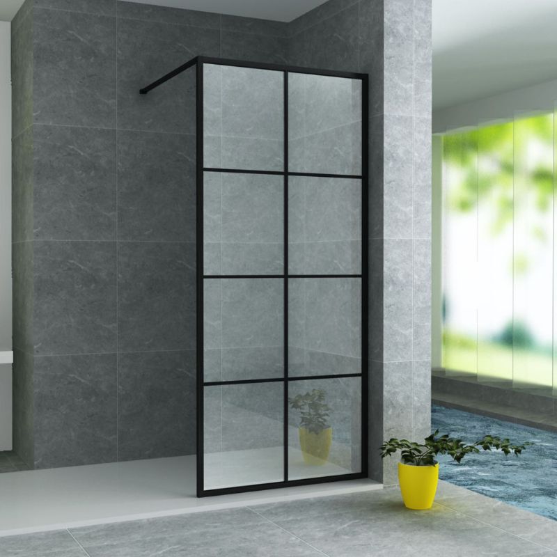 Badovo Grid douchewand 80x200 cm – helder glas – raster decor – profiel mat zwart