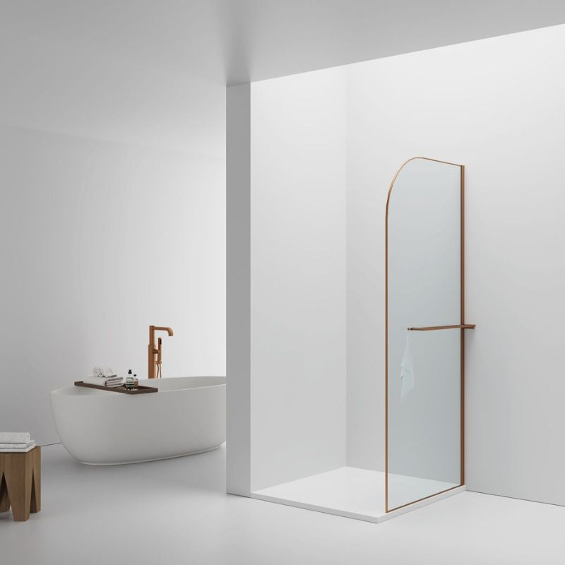 Badovo Vion Curve douchewand 100x200 cm – helder glas – profiel geborsteld koper