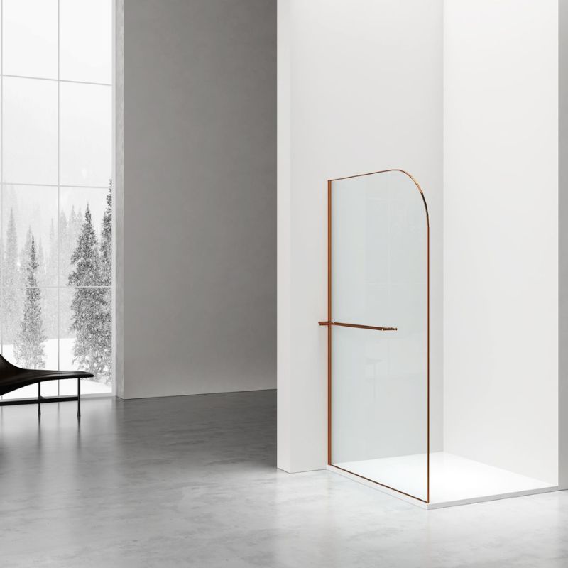 Badovo Vion Curve douchewand 120x200 cm – helder glas – profiel geborsteld koper
