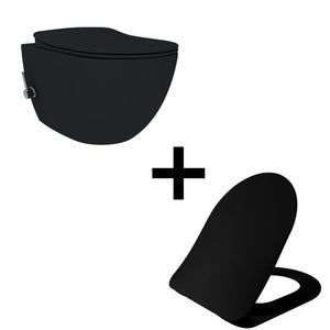 Badovo Carbon Rimless Toiletset met Geïntegreerde Warm & Koud Bidetkraan – Randloos Hangtoilet met Slim Design WC-bril – Softclose & Quick Release – Mat Houtskool Zwart