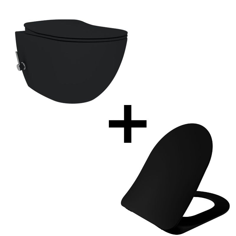 Badovo Carbon Rimless Toiletset met Geïntegreerde Warm & Koud Bidetkraan – Randloos Hangtoilet met Slim Design WC-bril – Softclose & Quick Release – Mat Houtskool Zwart