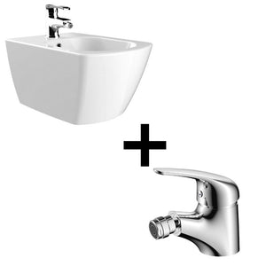 Badovo Linea & Pure Bidetset – Hangend Bidet Glans Wit met Verborgen Bevestiging & Eengreeps Bidetkraan met Draaibare Uitloop