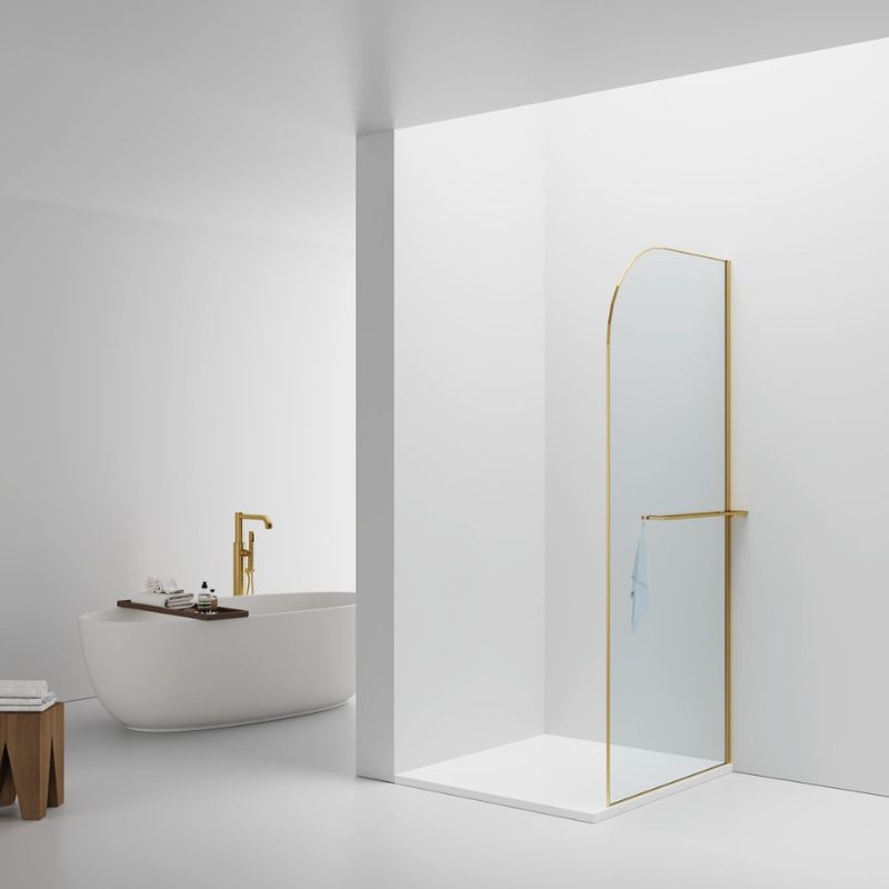 Badovo Vion Curve douchewand 100x200 cm – helder glas – profiel geborsteld goud